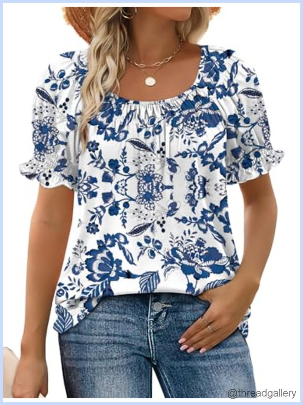 Womens Square Neck Smocked Ruffle Short Sleeve Blouse Dressy Casual Top